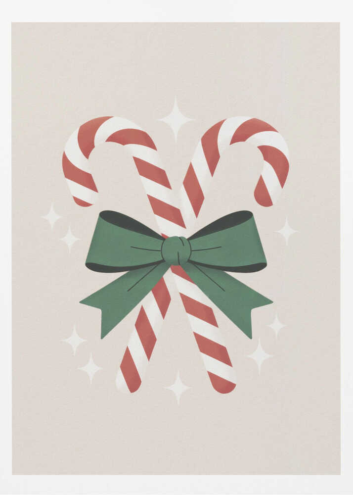 An illustration of two red-and-white striped candy canes crossed and tied together with a large green bow. The background is a soft beige color with small, white, four-pointed star sparkles. The artwork is shown in a black frame. Decor