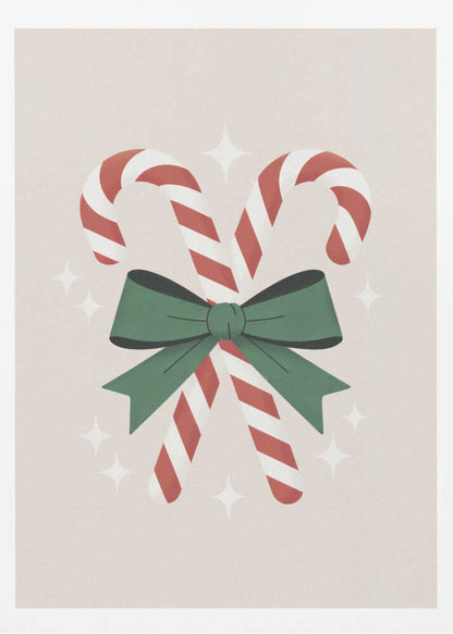 An illustration of two red-and-white striped candy canes crossed and tied together with a large green bow. The background is a soft beige color with small, white, four-pointed star sparkles. The artwork is shown in a black frame. Decor