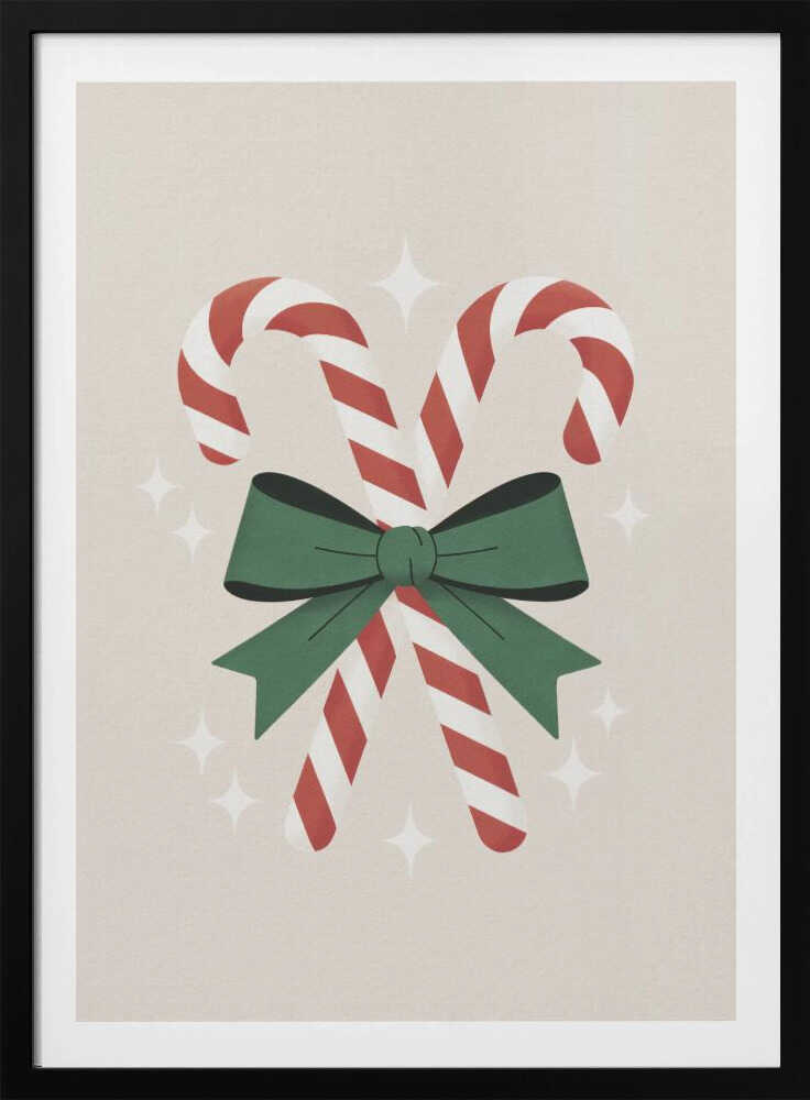 An illustration of two red-and-white striped candy canes crossed and tied together with a large green bow. The background is a soft beige color with small, white, four-pointed star sparkles. The artwork is shown in a black frame. Decor