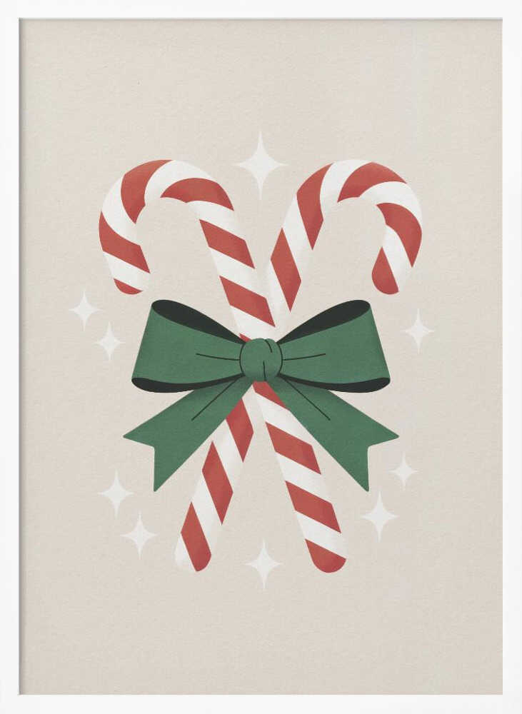 An illustration of two red-and-white striped candy canes crossed and tied together with a large green bow. The background is a soft beige color with small, white, four-pointed star sparkles. The artwork is shown in a black frame. Decor