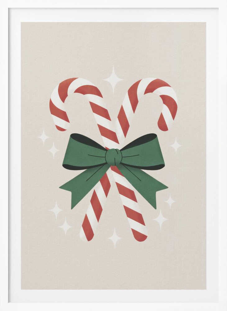 An illustration of two red-and-white striped candy canes crossed and tied together with a large green bow. The background is a soft beige color with small, white, four-pointed star sparkles. The artwork is shown in a black frame. Decor