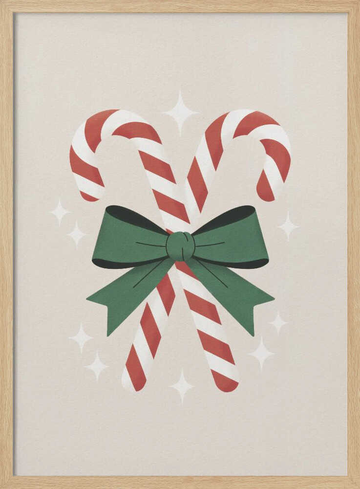 An illustration of two red-and-white striped candy canes crossed and tied together with a large green bow. The background is a soft beige color with small, white, four-pointed star sparkles. The artwork is shown in a black frame. Decor