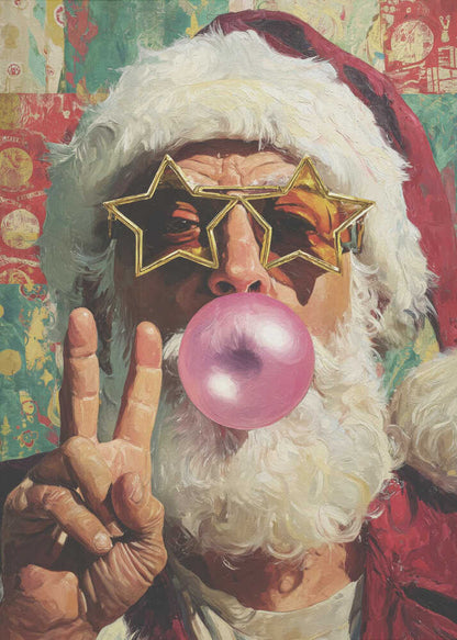 A close-up pop art style painting of Santa Claus wearing large, gold star-shaped sunglasses. He is blowing a big pink bubble with bubblegum and holding up his hand in a peace sign. The background is a colorful, patterned collage. Artwork