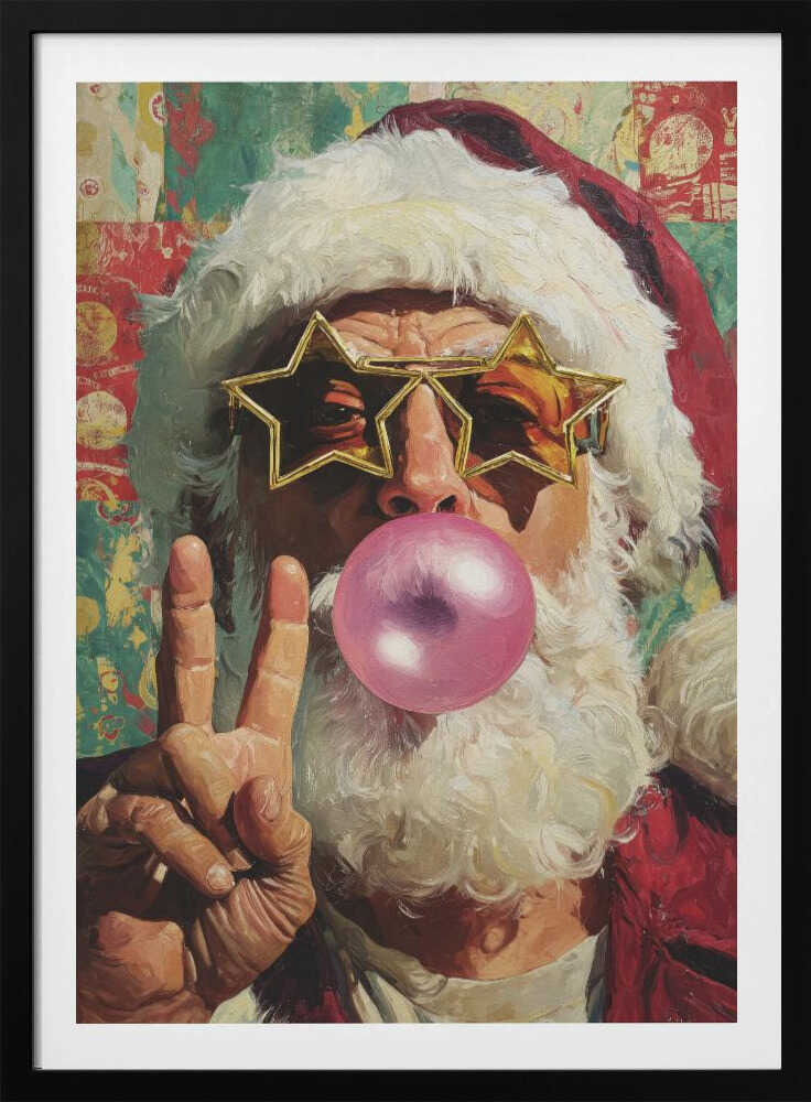 A close-up pop art style painting of Santa Claus wearing large, gold star-shaped sunglasses. He is blowing a big pink bubble with bubblegum and holding up his hand in a peace sign. The background is a colorful, patterned collage. Artwork