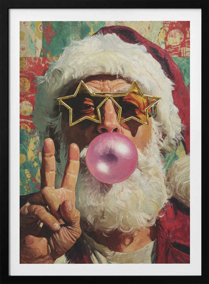 A close-up pop art style painting of Santa Claus wearing large, gold star-shaped sunglasses. He is blowing a big pink bubble with bubblegum and holding up his hand in a peace sign. The background is a colorful, patterned collage. Artwork