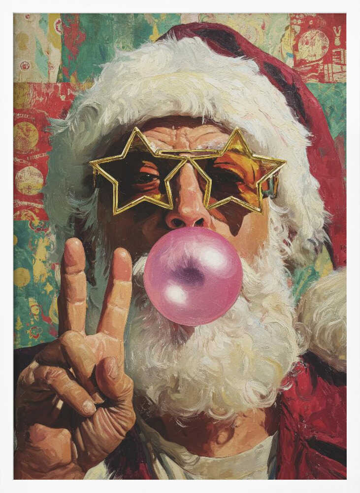 A close-up pop art style painting of Santa Claus wearing large, gold star-shaped sunglasses. He is blowing a big pink bubble with bubblegum and holding up his hand in a peace sign. The background is a colorful, patterned collage. Artwork