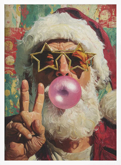 A close-up pop art style painting of Santa Claus wearing large, gold star-shaped sunglasses. He is blowing a big pink bubble with bubblegum and holding up his hand in a peace sign. The background is a colorful, patterned collage. Artwork