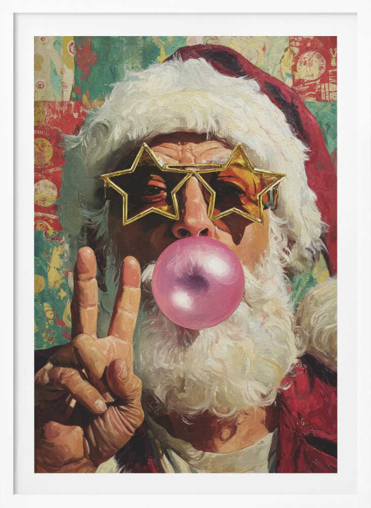 A close-up pop art style painting of Santa Claus wearing large, gold star-shaped sunglasses. He is blowing a big pink bubble with bubblegum and holding up his hand in a peace sign. The background is a colorful, patterned collage. Artwork