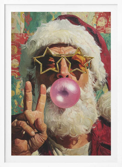 A close-up pop art style painting of Santa Claus wearing large, gold star-shaped sunglasses. He is blowing a big pink bubble with bubblegum and holding up his hand in a peace sign. The background is a colorful, patterned collage. Artwork