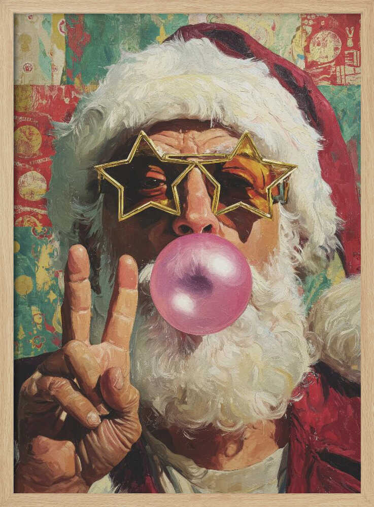 A close-up pop art style painting of Santa Claus wearing large, gold star-shaped sunglasses. He is blowing a big pink bubble with bubblegum and holding up his hand in a peace sign. The background is a colorful, patterned collage. Artwork