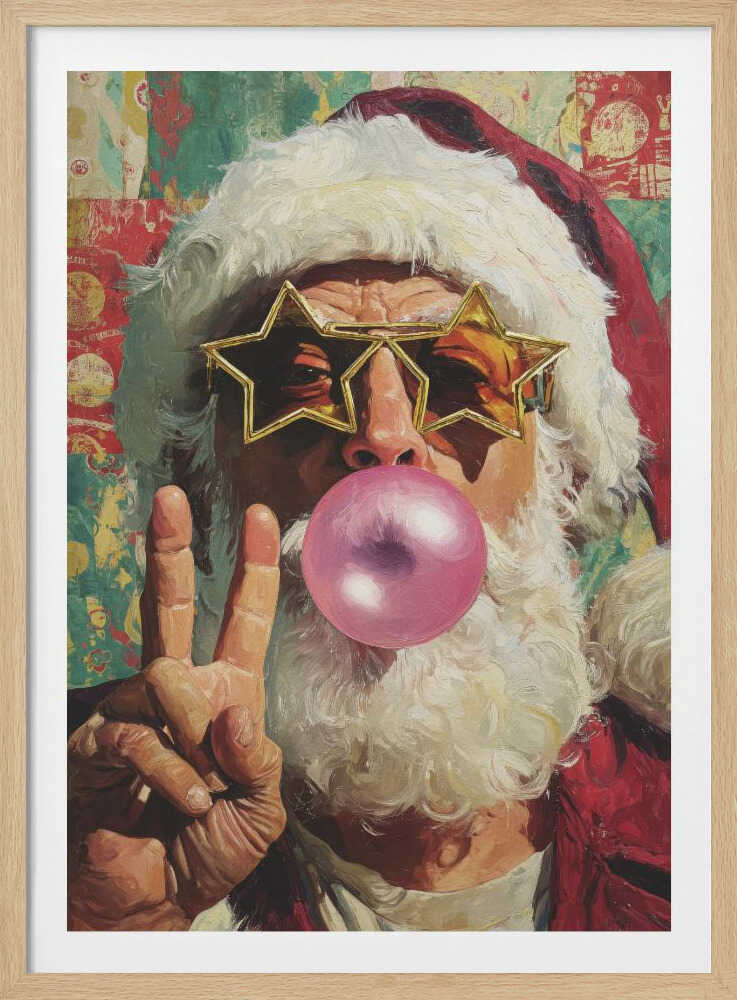 A close-up pop art style painting of Santa Claus wearing large, gold star-shaped sunglasses. He is blowing a big pink bubble with bubblegum and holding up his hand in a peace sign. The background is a colorful, patterned collage. Artwork