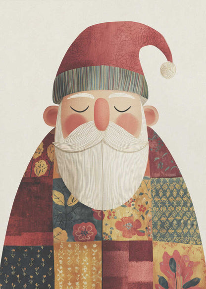 A stylized illustration of a serene Santa Claus with his eyes closed. He wears a textured red hat with a pom-pom and a colorful patchwork coat made of different floral and geometric patterns, all set against a light cream background. Print