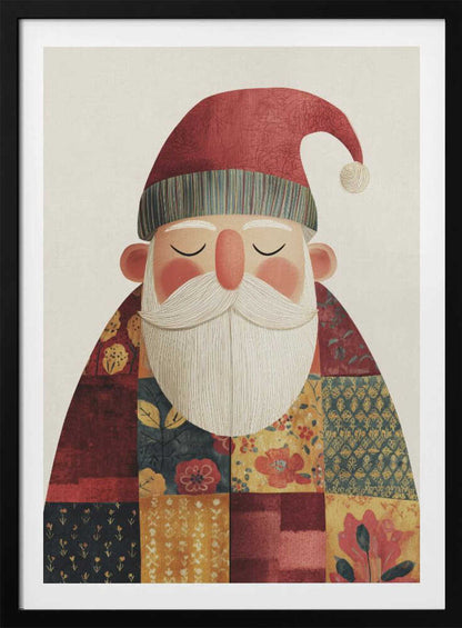 A stylized illustration of a serene Santa Claus with his eyes closed. He wears a textured red hat with a pom-pom and a colorful patchwork coat made of different floral and geometric patterns, all set against a light cream background. Print