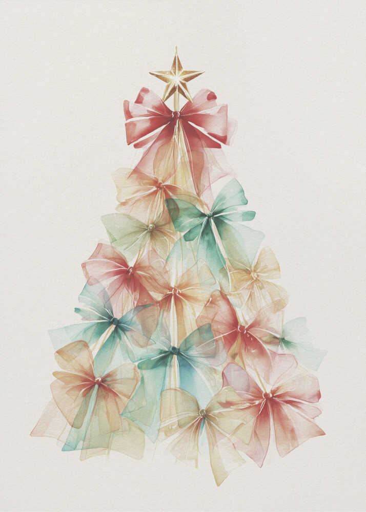 A watercolor illustration of a Christmas tree made entirely of colorful, translucent bows. The bows are in soft shades of red, green, and yellow, and are layered to create the tree's conical shape. A gold star sits on top. The background is a solid off-white, and the artwork is presented in a simple black frame. Print