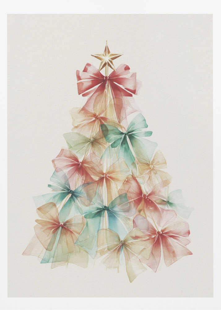A watercolor illustration of a Christmas tree made entirely of colorful, translucent bows. The bows are in soft shades of red, green, and yellow, and are layered to create the tree's conical shape. A gold star sits on top. The background is a solid off-white, and the artwork is presented in a simple black frame. Print