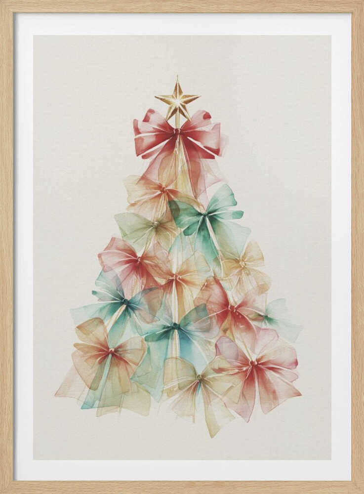 A watercolor illustration of a Christmas tree made entirely of colorful, translucent bows. The bows are in soft shades of red, green, and yellow, and are layered to create the tree's conical shape. A gold star sits on top. The background is a solid off-white, and the artwork is presented in a simple black frame. Print