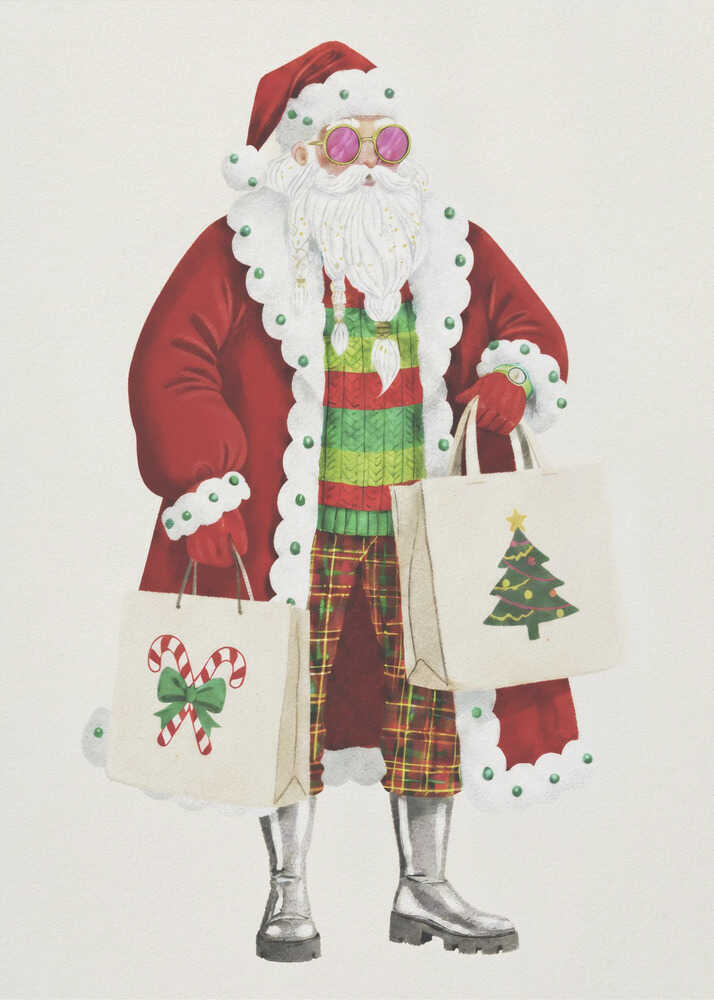 A whimsical illustration of a stylish Santa Claus wearing a red coat, pink sunglasses, a striped sweater, and plaid pants. He is holding two shopping bags decorated with a Christmas tree and candy canes, against a plain off-white background. Decor