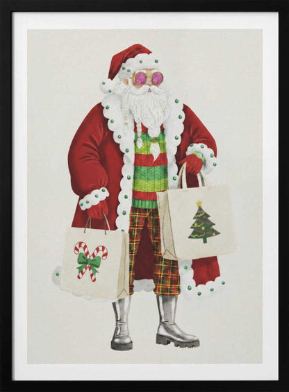 A whimsical illustration of a stylish Santa Claus wearing a red coat, pink sunglasses, a striped sweater, and plaid pants. He is holding two shopping bags decorated with a Christmas tree and candy canes, against a plain off-white background. Decor