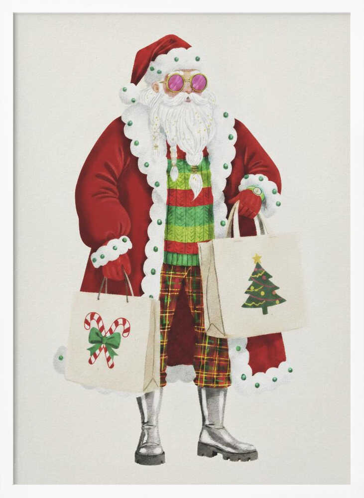 A whimsical illustration of a stylish Santa Claus wearing a red coat, pink sunglasses, a striped sweater, and plaid pants. He is holding two shopping bags decorated with a Christmas tree and candy canes, against a plain off-white background. Decor