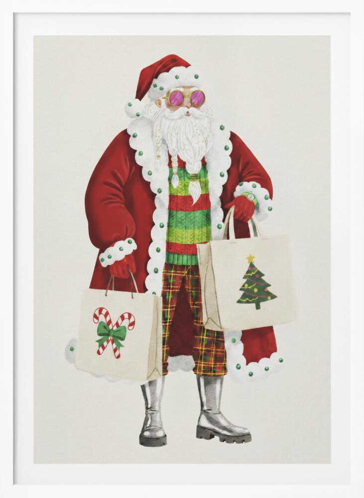 A whimsical illustration of a stylish Santa Claus wearing a red coat, pink sunglasses, a striped sweater, and plaid pants. He is holding two shopping bags decorated with a Christmas tree and candy canes, against a plain off-white background. Decor