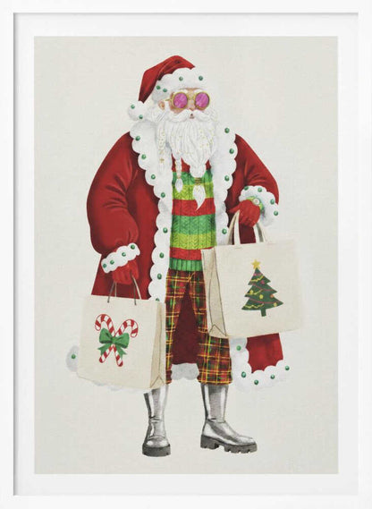 A whimsical illustration of a stylish Santa Claus wearing a red coat, pink sunglasses, a striped sweater, and plaid pants. He is holding two shopping bags decorated with a Christmas tree and candy canes, against a plain off-white background. Decor