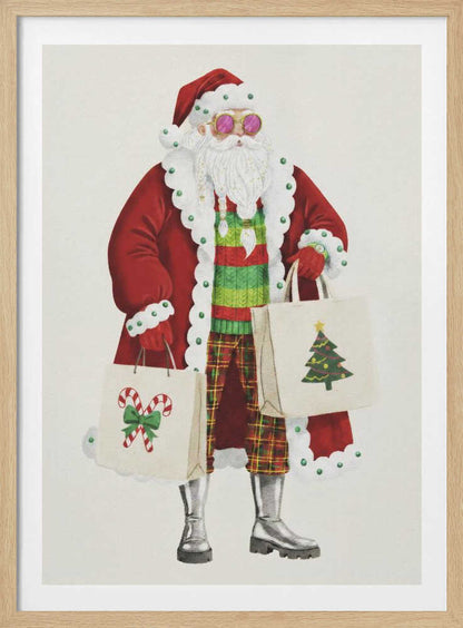 A whimsical illustration of a stylish Santa Claus wearing a red coat, pink sunglasses, a striped sweater, and plaid pants. He is holding two shopping bags decorated with a Christmas tree and candy canes, against a plain off-white background. Decor