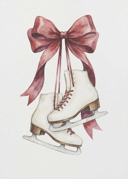 A watercolor painting of a pair of white figure skates with red laces, hanging from a large, elegant red ribbon tied in a bow against a plain white background. Print