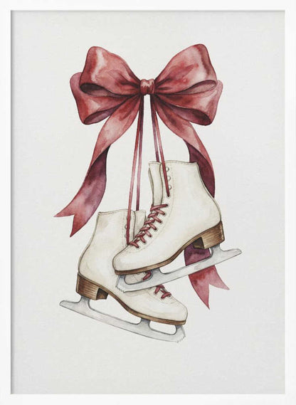 A watercolor painting of a pair of white figure skates with red laces, hanging from a large, elegant red ribbon tied in a bow against a plain white background. Print