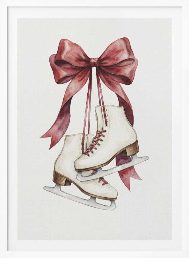 A watercolor painting of a pair of white figure skates with red laces, hanging from a large, elegant red ribbon tied in a bow against a plain white background. Print
