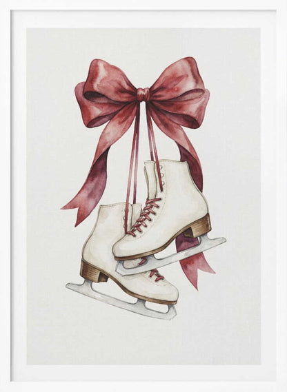 A watercolor painting of a pair of white figure skates with red laces, hanging from a large, elegant red ribbon tied in a bow against a plain white background. Print