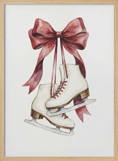 A watercolor painting of a pair of white figure skates with red laces, hanging from a large, elegant red ribbon tied in a bow against a plain white background. Print