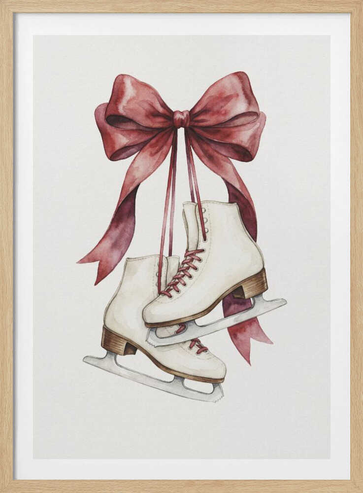 A watercolor painting of a pair of white figure skates with red laces, hanging from a large, elegant red ribbon tied in a bow against a plain white background. Print