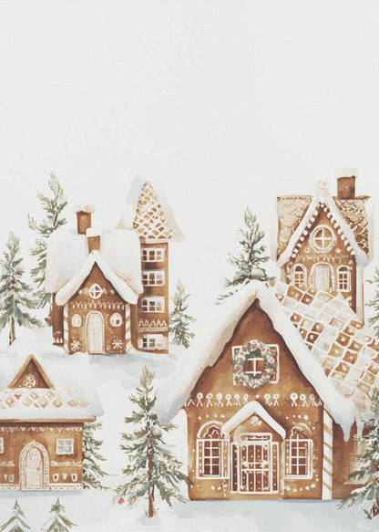A watercolor painting of a whimsical gingerbread village covered in snow. The detailed houses are decorated with white icing and are surrounded by small pine trees, all set against a clean white background and framed in black. Poster