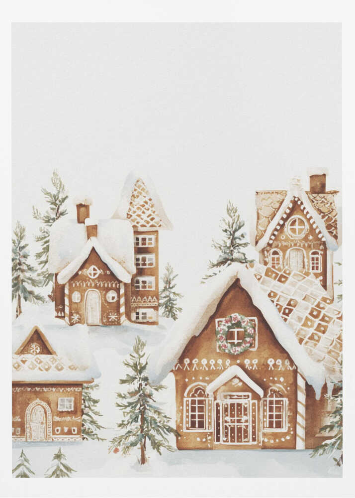 A watercolor painting of a whimsical gingerbread village covered in snow. The detailed houses are decorated with white icing and are surrounded by small pine trees, all set against a clean white background and framed in black. Poster