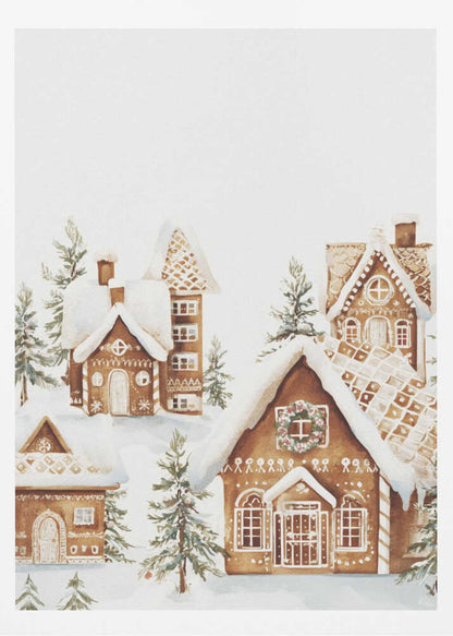A watercolor painting of a whimsical gingerbread village covered in snow. The detailed houses are decorated with white icing and are surrounded by small pine trees, all set against a clean white background and framed in black. Poster