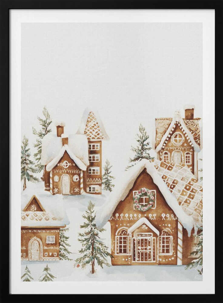 A watercolor painting of a whimsical gingerbread village covered in snow. The detailed houses are decorated with white icing and are surrounded by small pine trees, all set against a clean white background and framed in black. Poster