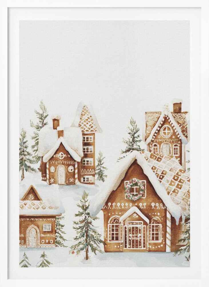 A watercolor painting of a whimsical gingerbread village covered in snow. The detailed houses are decorated with white icing and are surrounded by small pine trees, all set against a clean white background and framed in black. Poster
