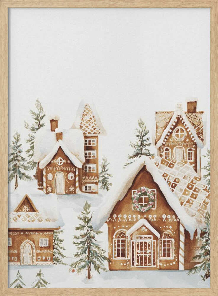 A watercolor painting of a whimsical gingerbread village covered in snow. The detailed houses are decorated with white icing and are surrounded by small pine trees, all set against a clean white background and framed in black. Poster