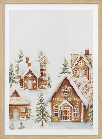 A watercolor painting of a whimsical gingerbread village covered in snow. The detailed houses are decorated with white icing and are surrounded by small pine trees, all set against a clean white background and framed in black. Poster