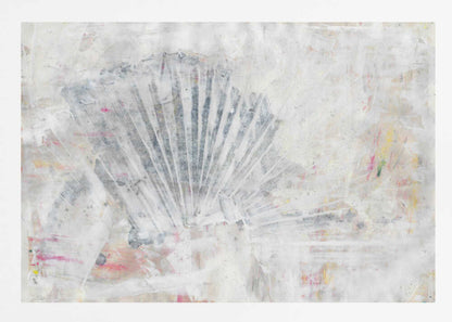 Abstract painting with a textured, fan-like shape in grey tones on a distressed white background with hints of color.