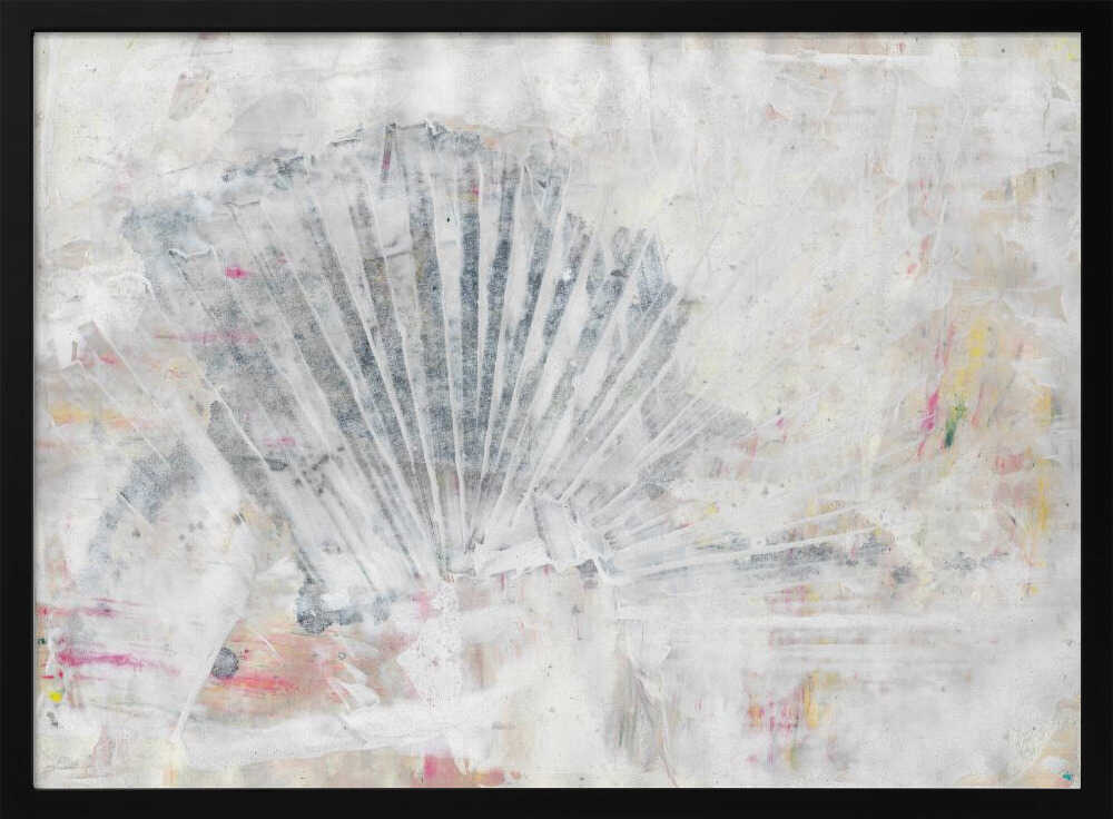 Abstract painting with a textured, fan-like shape in grey tones on a distressed white background with hints of color.