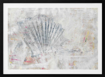 Abstract painting with a textured, fan-like shape in grey tones on a distressed white background with hints of color.