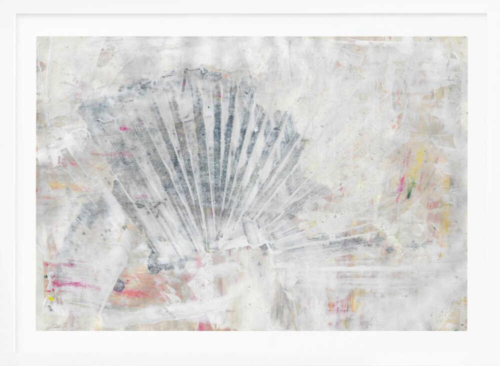 Abstract painting with a textured, fan-like shape in grey tones on a distressed white background with hints of color.