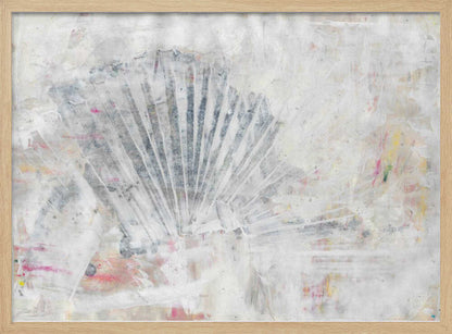 Abstract painting with a textured, fan-like shape in grey tones on a distressed white background with hints of color.