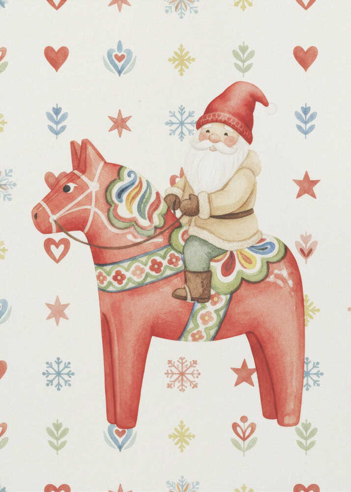 A Christmas illustration of Santa Claus riding a red Scandinavian Dala horse on a patterned background with snowflakes.