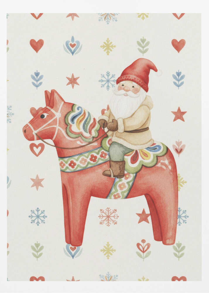 A Christmas illustration of Santa Claus riding a red Scandinavian Dala horse on a patterned background with snowflakes.