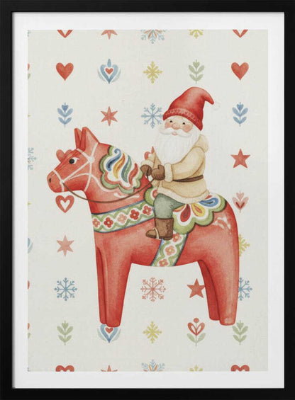 A Christmas illustration of Santa Claus riding a red Scandinavian Dala horse on a patterned background with snowflakes.