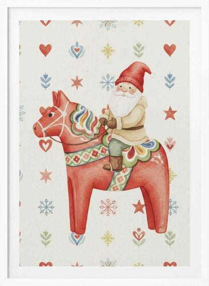 A Christmas illustration of Santa Claus riding a red Scandinavian Dala horse on a patterned background with snowflakes.