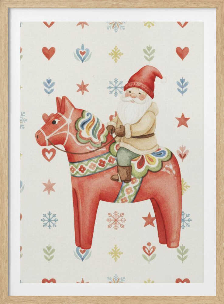 A Christmas illustration of Santa Claus riding a red Scandinavian Dala horse on a patterned background with snowflakes.