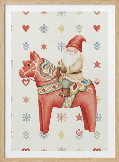 A Christmas illustration of Santa Claus riding a red Scandinavian Dala horse on a patterned background with snowflakes.